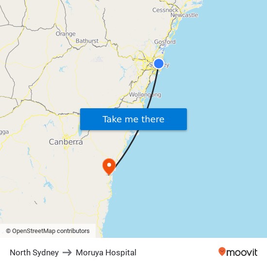 North Sydney to Moruya Hospital map