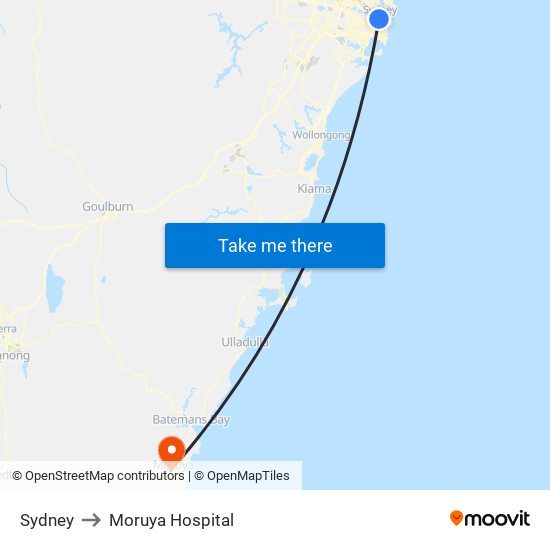 Sydney to Moruya Hospital map