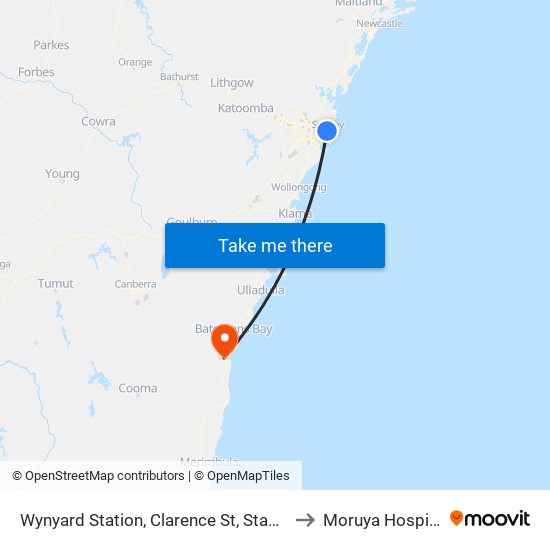 Wynyard Station, Clarence St, Stand R to Moruya Hospital map
