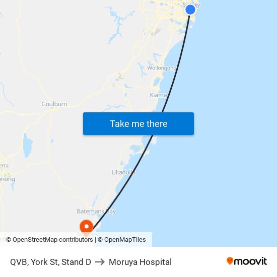 QVB, York St, Stand D to Moruya Hospital map