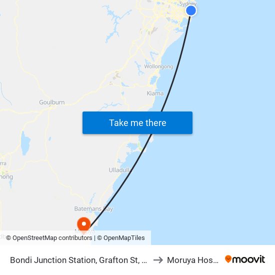 Bondi Junction Station, Grafton St, Stand R to Moruya Hospital map