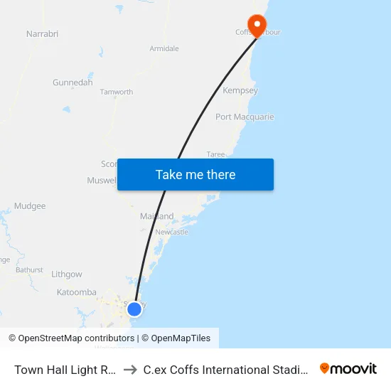 Town Hall Light Rail to C.ex Coffs International Stadium map