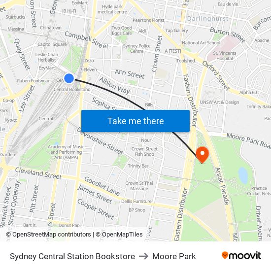Sydney Central Station Bookstore to Moore Park map