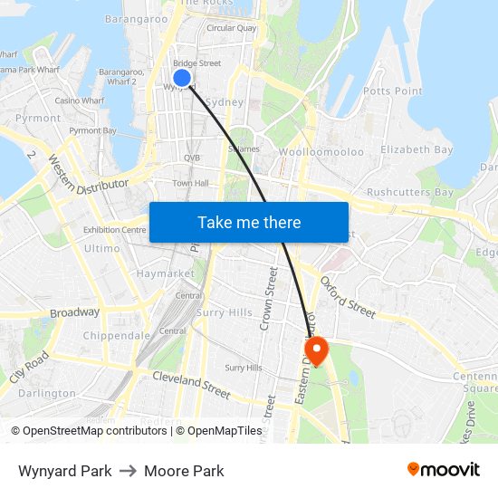 Wynyard Park to Moore Park map