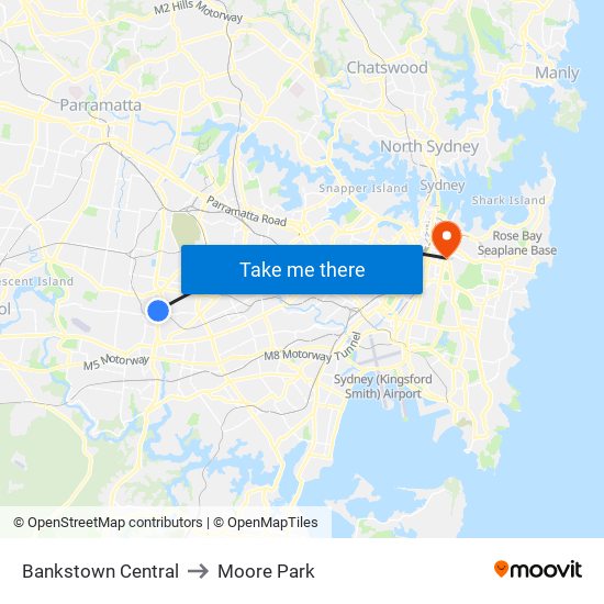 Bankstown Central to Moore Park map