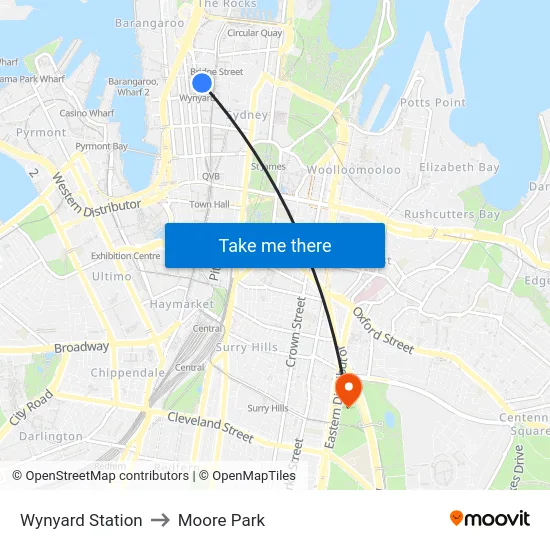 Wynyard Station to Moore Park map