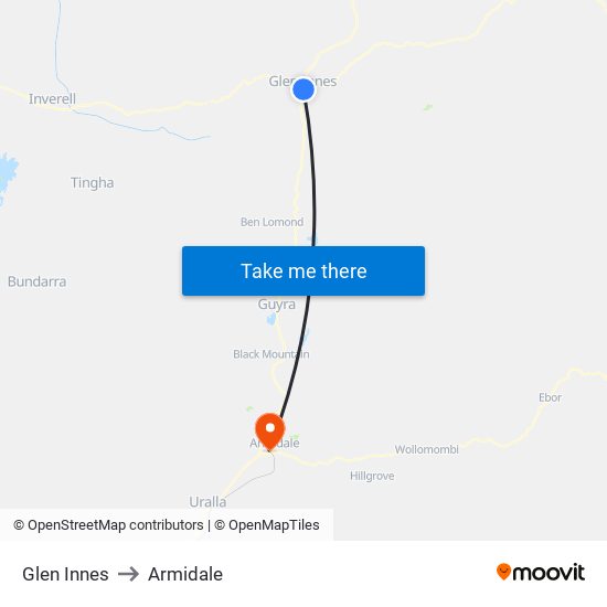 Glen Innes to Armidale map