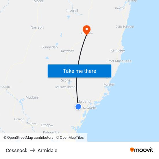 Cessnock to Armidale map