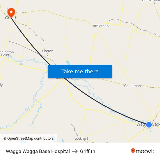 Wagga Wagga Base Hospital to Griffith map