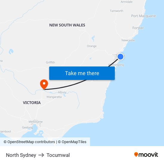 North Sydney to Tocumwal map