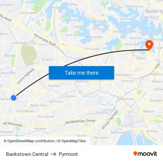 Bankstown Central to Pyrmont map