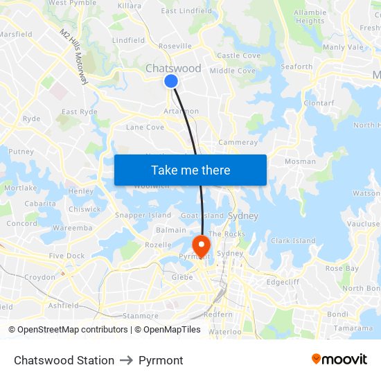 Chatswood Station to Pyrmont map