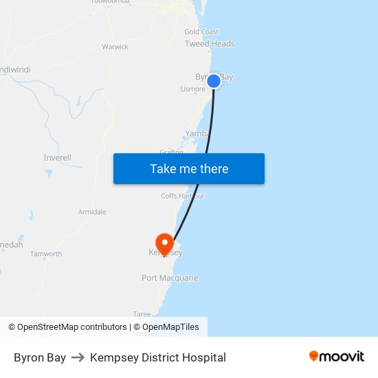 Byron Bay to Kempsey District Hospital map