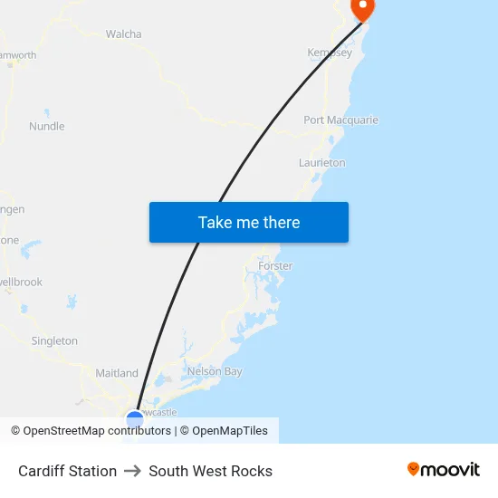 Cardiff Station to South West Rocks map