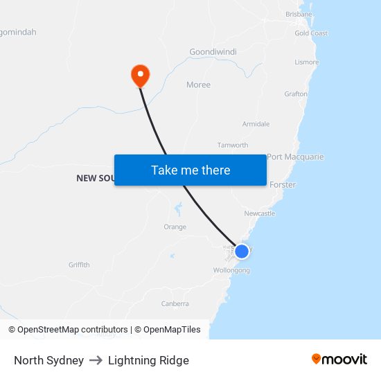 North Sydney to Lightning Ridge map