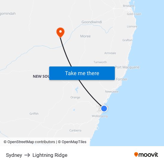 Sydney to Lightning Ridge map