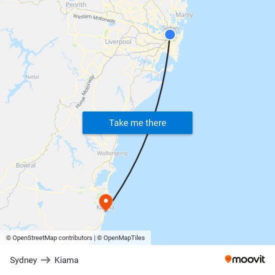 Sydney to Kiama map