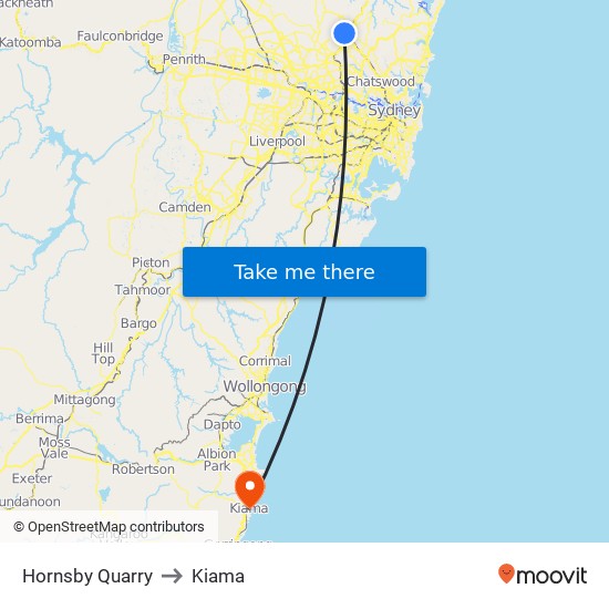 Hornsby Quarry to Kiama map