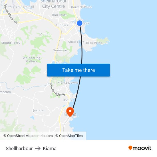 Shellharbour to Kiama map