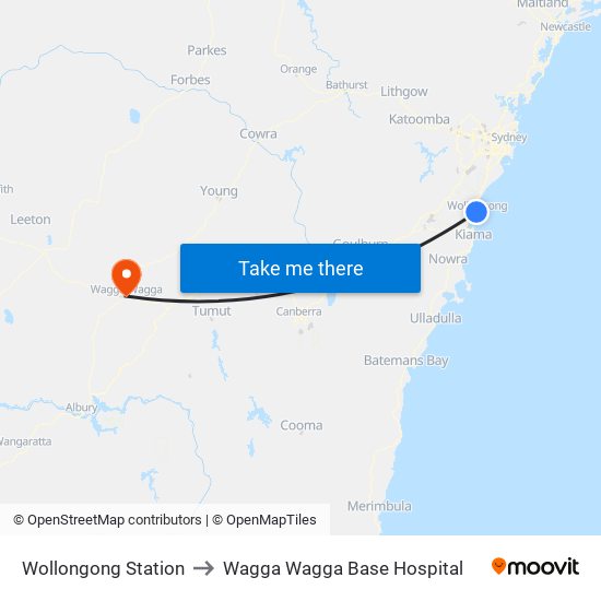 Wollongong Station to Wagga Wagga Base Hospital map