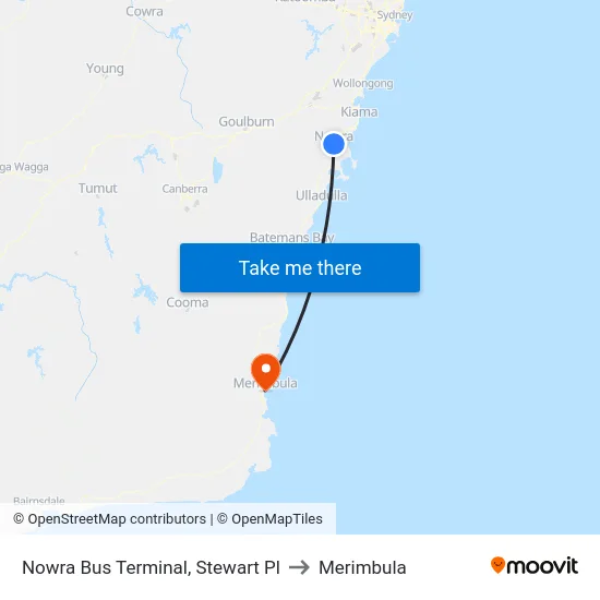 Nowra Bus Terminal, Stewart Pl to Merimbula map