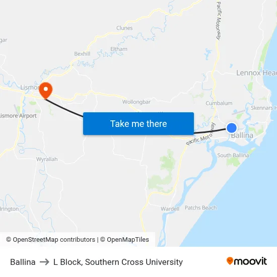 Ballina to L Block, Southern Cross University map