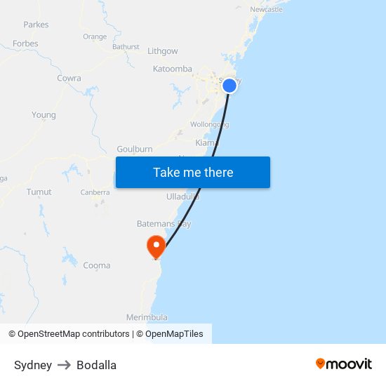 Sydney to Bodalla map