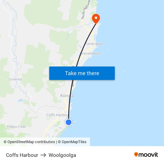 Coffs Harbour to Woolgoolga map