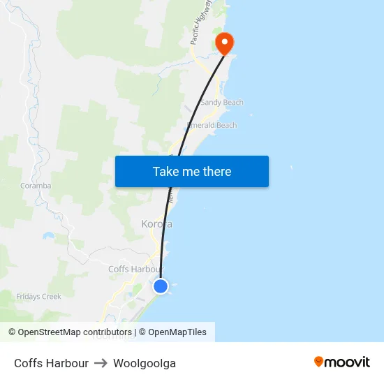 Coffs Harbour to Woolgoolga map