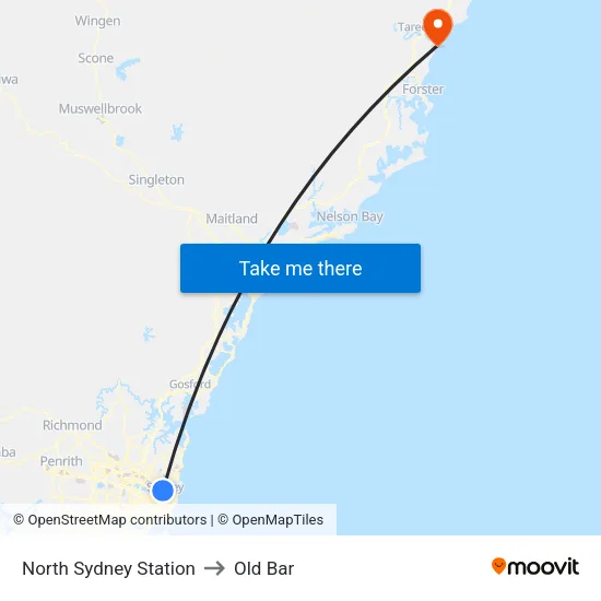 North Sydney Station to Old Bar map