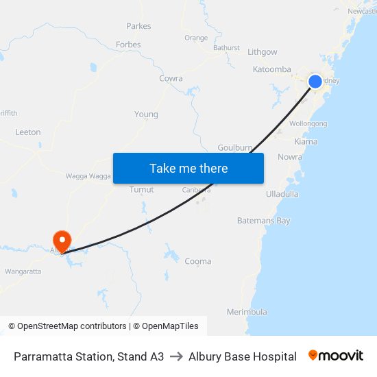 Parramatta Station, Stand A3 to Albury Base Hospital map