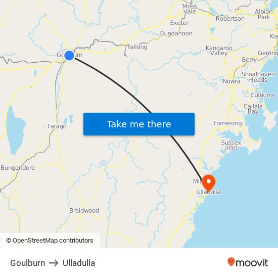 Goulburn to Ulladulla map