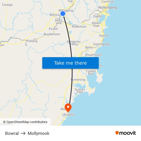 Bowral to Mollymook map