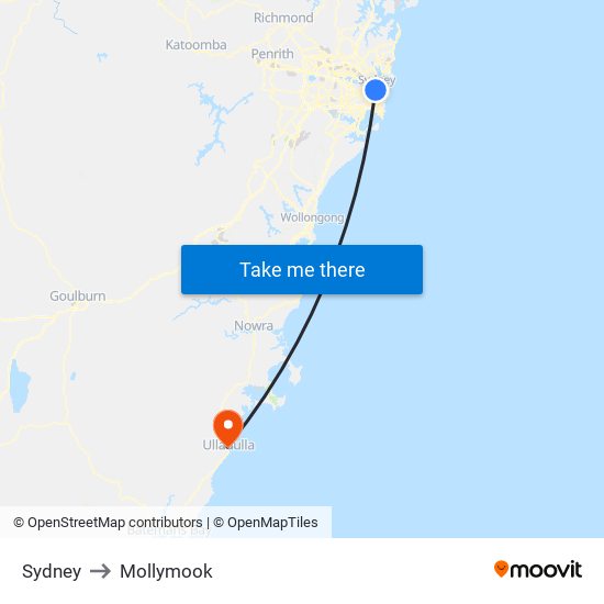 Sydney to Mollymook map