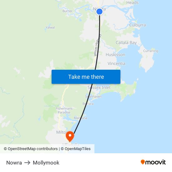 Nowra to Mollymook map