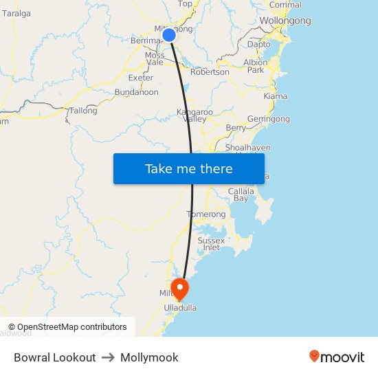 Bowral Lookout to Mollymook map