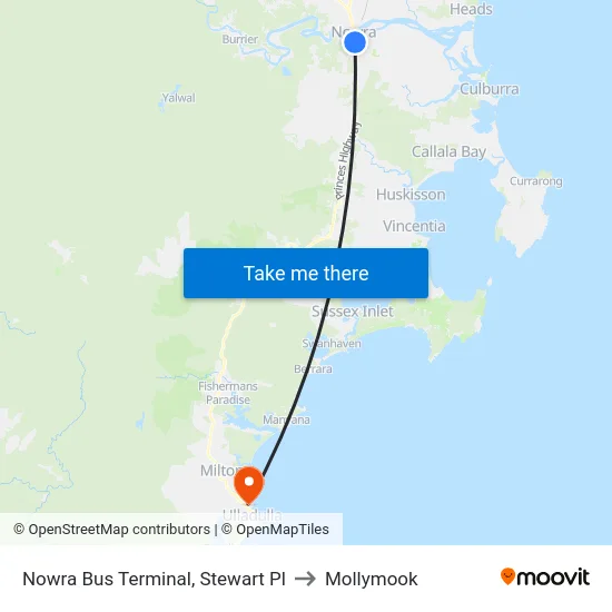 Nowra Bus Terminal, Stewart Pl to Mollymook map