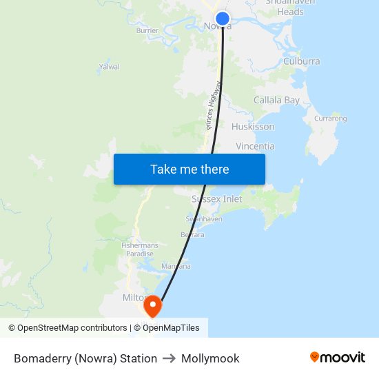 Bomaderry Station to Mollymook map