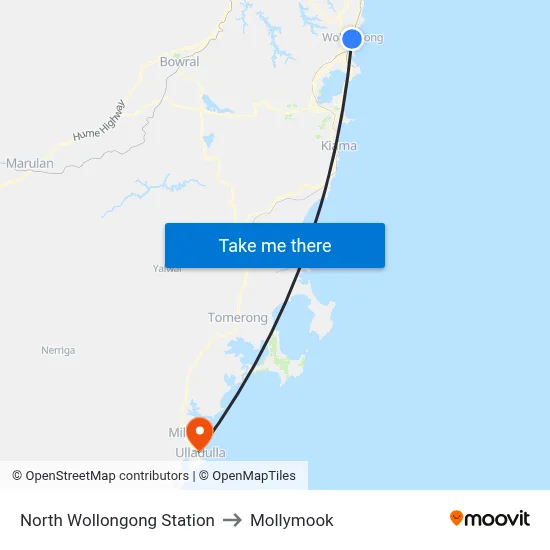 North Wollongong Station to Mollymook map