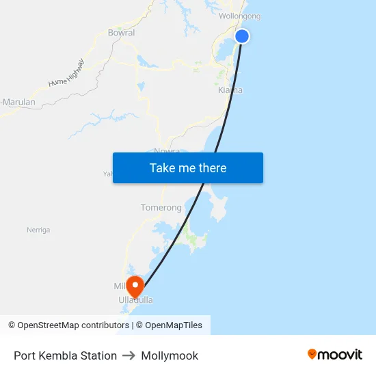 Port Kembla Station to Mollymook map