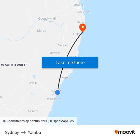 Sydney to Yamba map