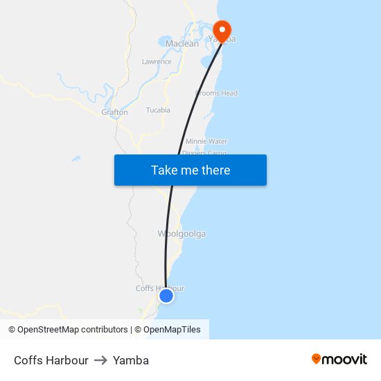 Coffs Harbour to Yamba map