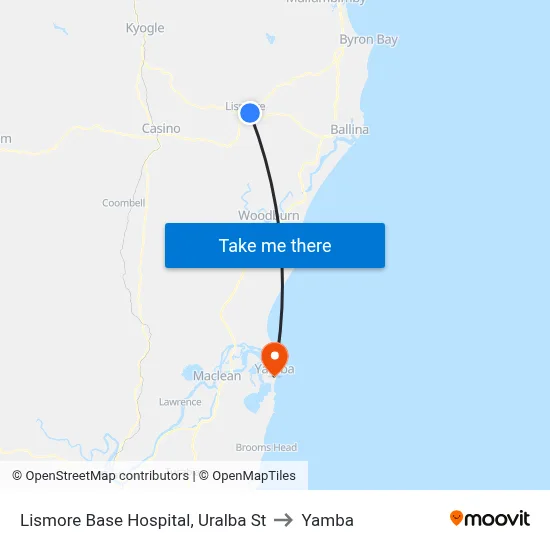 Lismore Base Hospital, Uralba St to Yamba map