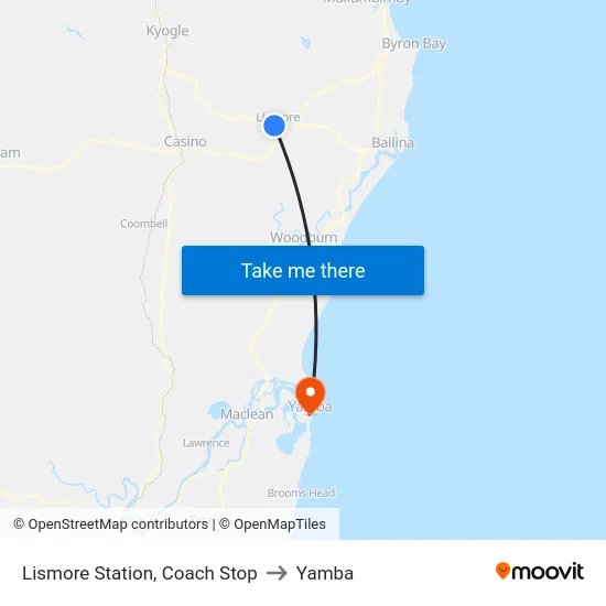 Lismore Station, Coach Stop to Yamba map