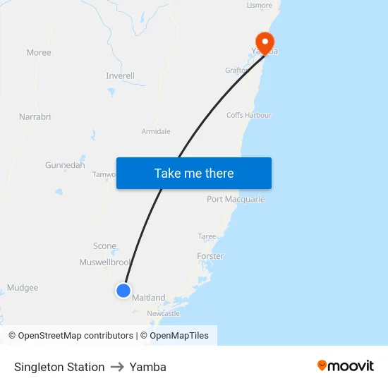 Singleton Station to Yamba map