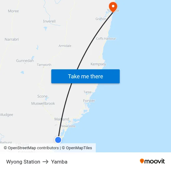 Wyong Station to Yamba map