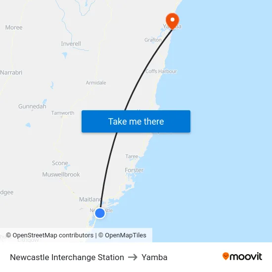 Newcastle Interchange Station to Yamba map