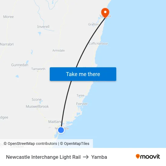 Newcastle Interchange Light Rail to Yamba map