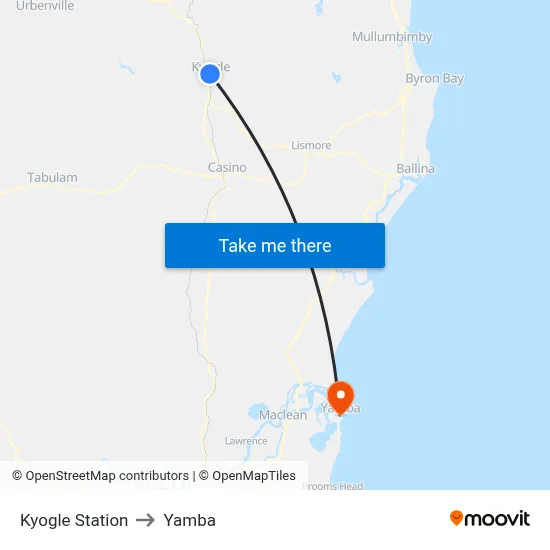 Kyogle Station to Yamba map