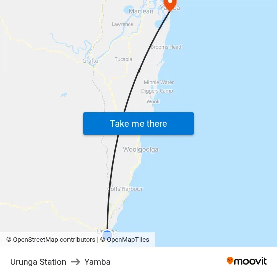 Urunga Station to Yamba map